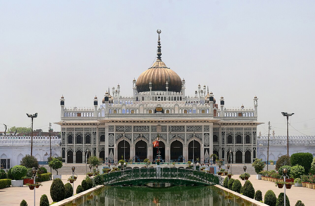The decorated exterior of Chota Imambara stands against the sky.